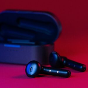 black and gray bluetooth earbuds